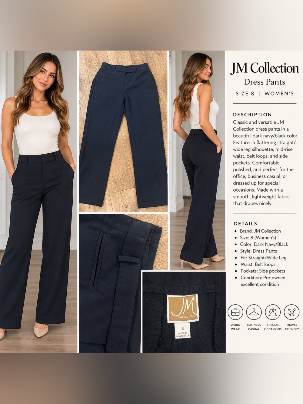 JM Collection Black Straight Leg Dress Pants Size 8 Career Workwear